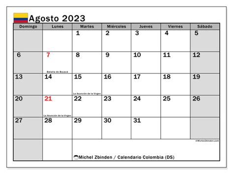 Calendario Agosto 2023 Colombia Michel Zbinden Es