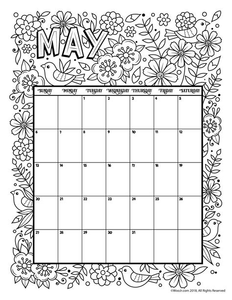 May 2018 Coloring Calendar Page Раскраски Календарь для печати и