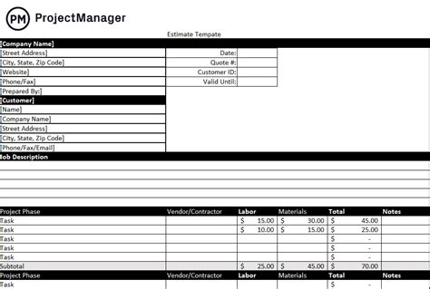 Estimate Template For Excel Free Download Projectmanager