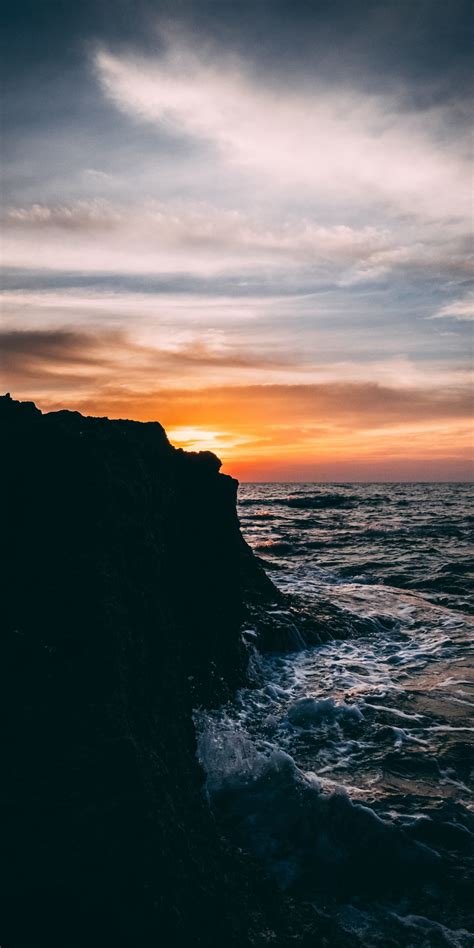 Download Wallpaper 1080x2160 Sunset Coast Rocks Sea Nature Dark