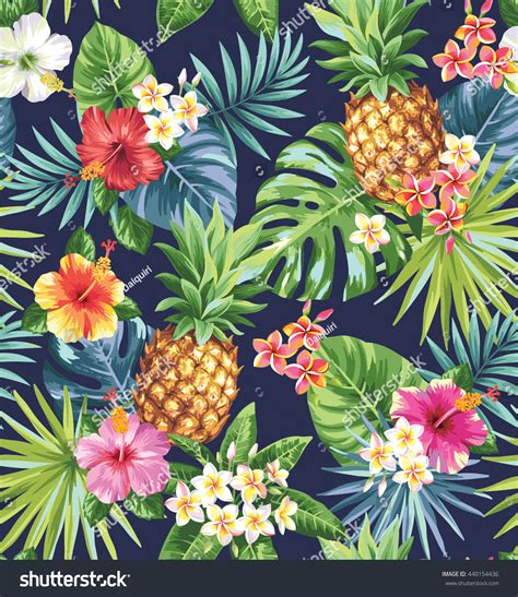 Seamless Tropical Pattern With Pineapples Palm Leaves And Flowers