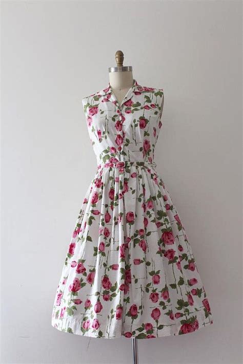 Vintage 1950s Dress 50s Cotton Rose Print Dress With Belt Etsy