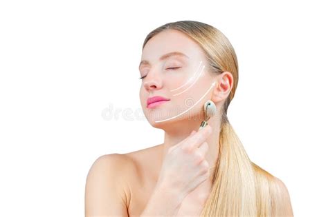 Beautiful Woman With Perfect Skin And Arrows On Face Getting Lifting Massage Using Roller