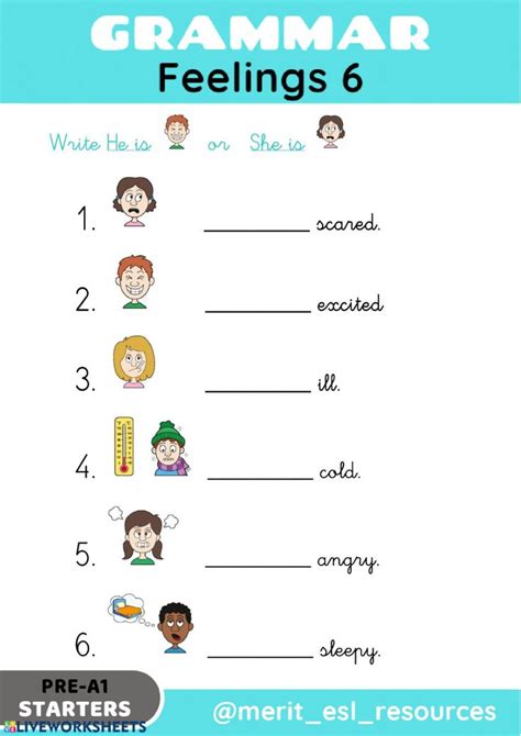 Below are six versions of our kindergarten writing worksheet on reading, tracing and writing sentences. Feelings - Write He is or She is - Interactive worksheet | English worksheets for kindergarten ...