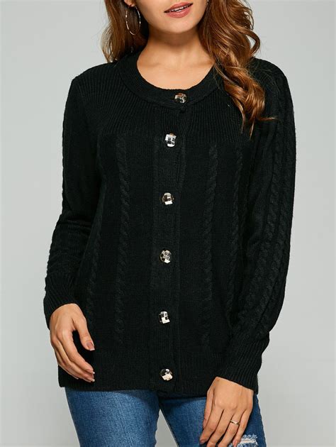 Cable Knit Cardigan With Buttons Black One Size In Sweaters And Cardigans