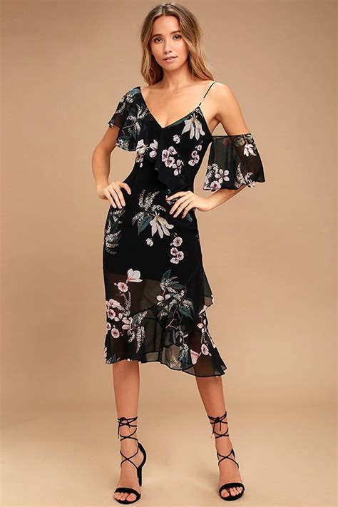 Keepsake Cosmic Girl Black Floral Print Dress Midi Dress One Shoulder Dress Lulus