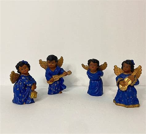 African American Angel Figurines 4 Black Cherubs Blue Gold Etsy