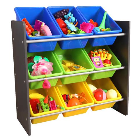 Basicwise 3 Tier Kids Toy Storage Organizer With 9 Plastic Bins
