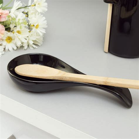Hb Ceramic Spoon Rest With Raised Handle Black