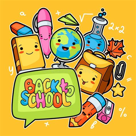 Kawaii School And Education Cute Supplies And Objects Set Stock Vector