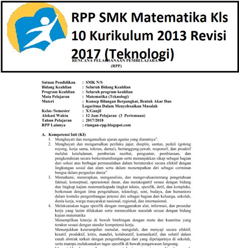 RPP SMK Matematika Kls 10 Kurikulum 2013 Revisi 2017 Teknologi