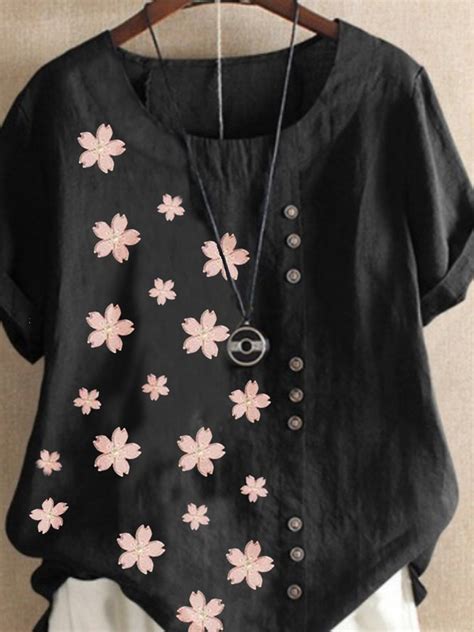 Zolucky Plus Size Short Sleeve Floral Cotton Blend Tops Zolucky