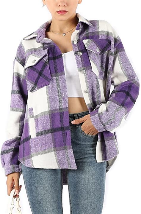 Springrain Women S Casual Wool Blend Plaid Button Down Long Sleeve Shacket Jacket Coat Purple