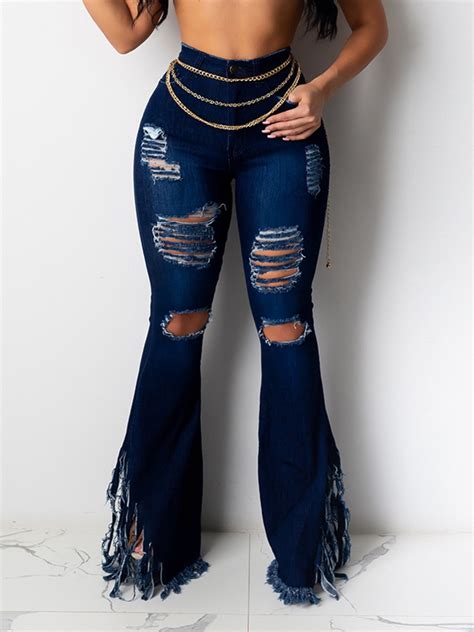 Fringe Trim Ripped High Waist Flare Denim Pants