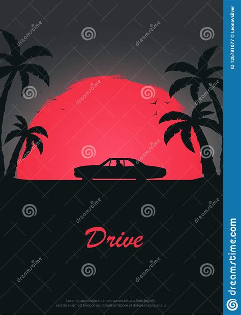 Vintage Poster With Old Car Sunset At The California Palms And City