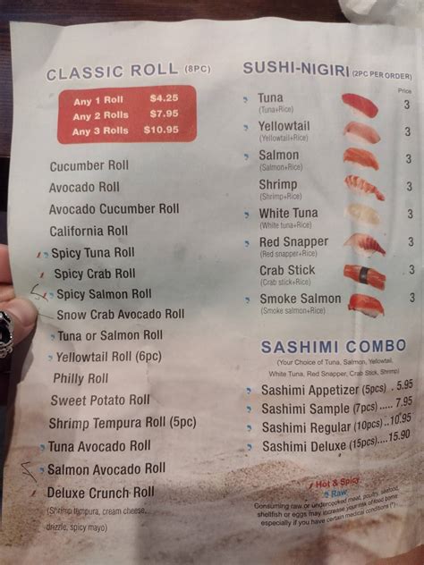 Menu at Izumi Japanese Buffet restaurant, Evans