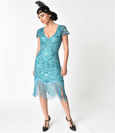 unique vintage 1920s style turquoise beaded fringe aurore flapper dress 1920s fashion 1920s