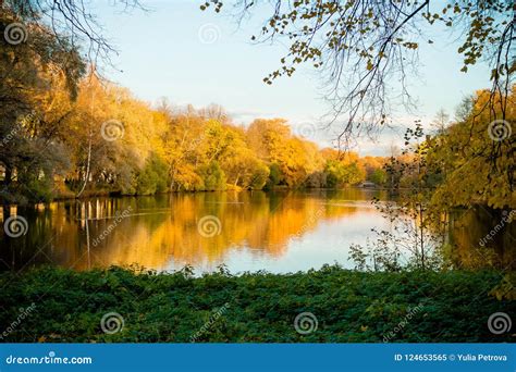 Beautiful Autumn Park With Lake At Sunny Weatherscenic Autumn
