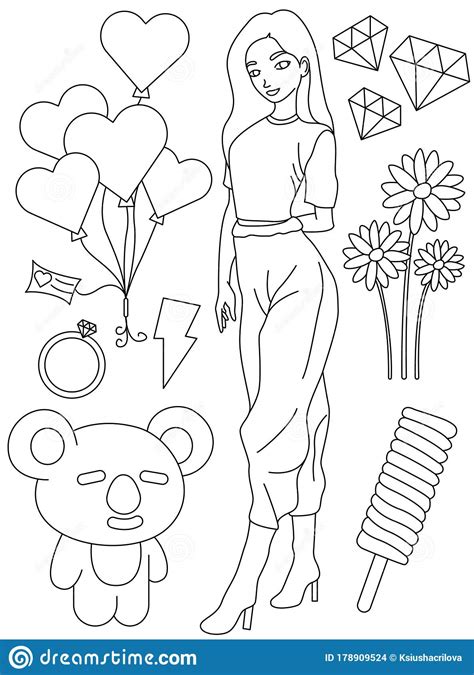 Doodle Outline Vector Illustration Of Fashion Girl With A Lot Of