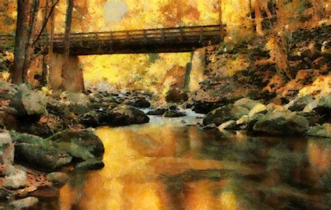 Golden Reflection Autumn Bridge Painting By Dan Sproul