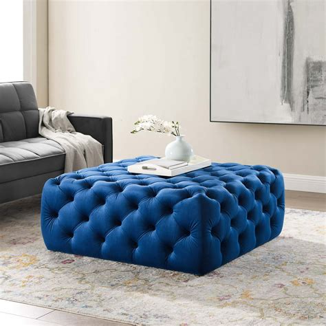 Anthem Tufted Button Large Square Performance Velvet Ottoman In Navy