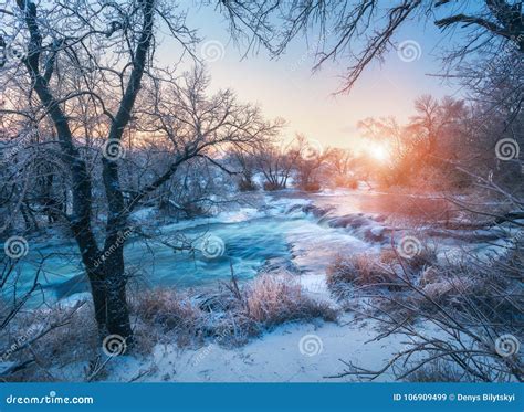 Winter Landscape With Snowy Trees Ice Beautiful Frozen River Stock