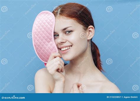 Cute Woman With Pink Sleep Mask On Blue Background Cropped View Close Up Stock Image Image Of