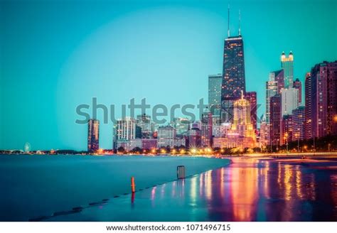 Beautiful Chicago Skyline Twilight Reflection Concrete Stock Photo