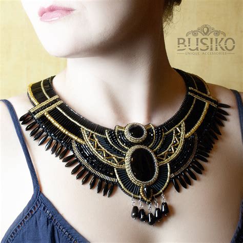 Egyptian Collar Necklace Black And Gold Bib Necklace Beaded Etsy