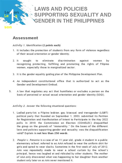 Lesson 1 Laws And Policies Supporting Sexuality And Gender In The Philippines Assessment