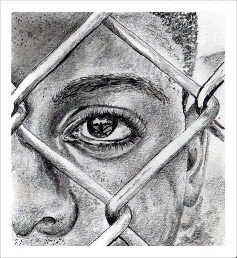 A Pencil Drawing Of A Man S Face Behind Barbed Wire