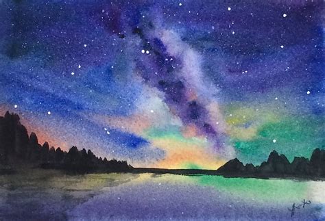 Original Watercolor Landscape Painting 5x7 Milky Way