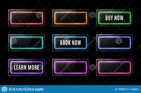 Colorful Neon Square Signs Set Buy Now Learn More Book Now Light