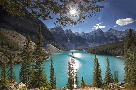 Moraine Lake Sky Lake Moraine Trees Mountains Canada Rocks Sun