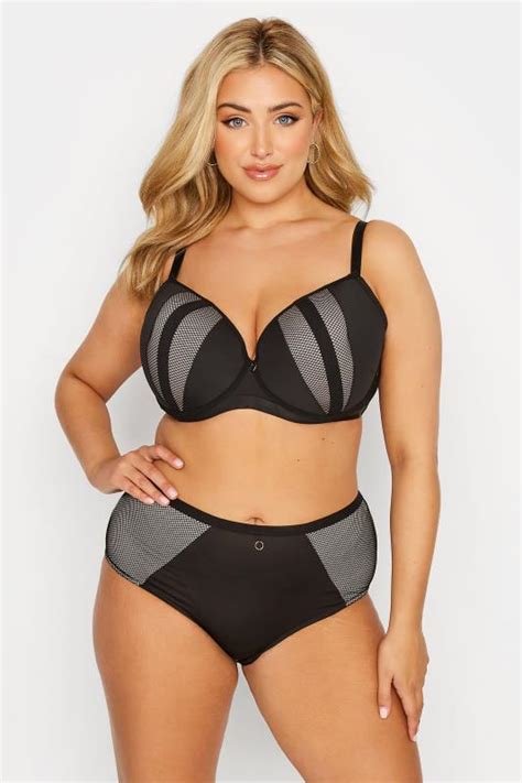 Black Mesh Panelled Padded Underwired Plunge Bra Yours Clothing