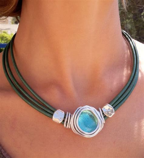Turquoise Necklace Leather Necklace Choker Necklace Etsy Leather