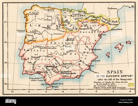 Map Of The Iberian Peninsula Under The Moors Th Century Color The