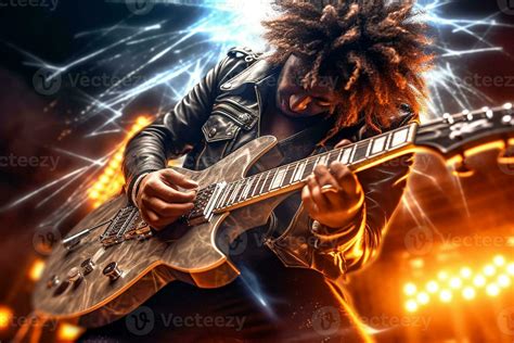 Rock Guitarist Metal Rockstar Playing Guitar With Lightning On The Strings Generative Ai