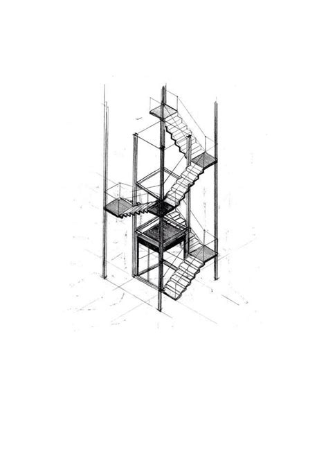 Axonometric Staircase Encapsulating Elevator Drawing Staircase