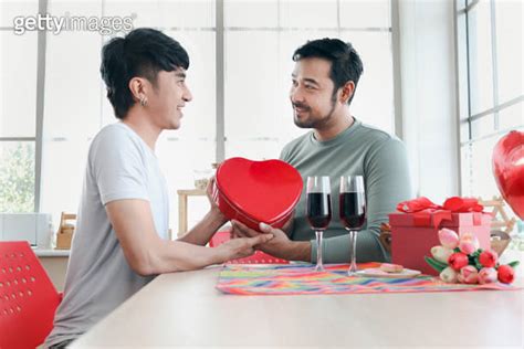 Happy Young Lgbt Couple Sharing Special Moment Together On Valentine Day Asian Gay Male Lover