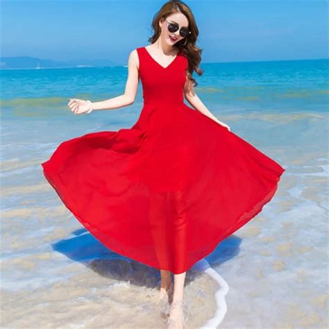 Buy Women Summer Beach Dresses Long Red Chiffon Dress Sleeveless Slim Sexy
