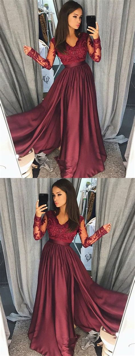 A Line V Neck Long Sleeves Burgundy Satin Prom Dress With Appliques ∂