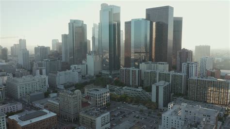 Flying Towards Downtown Los Angeles California Skyline With Look At