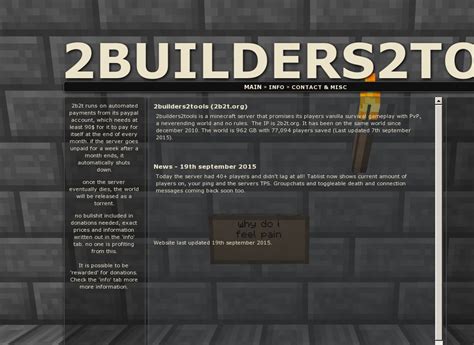 Maybe you would like to learn more about one of these? 2b2t.org - Best Minecraft Servers | Top Minecraft Server List