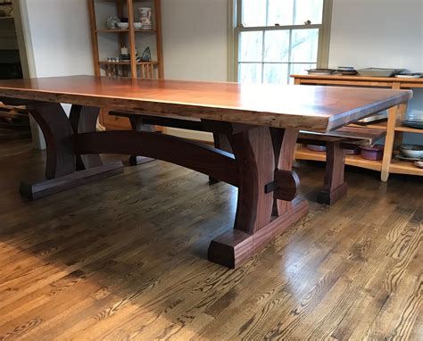 Walnut Live Edge Trestle Table And Bench Etsy Slab Dining Tables