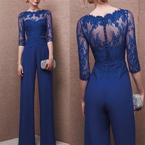 Cheap Formal Royal Blue Chiffon Lace Long Evening Jumpsuit With Sleeves
