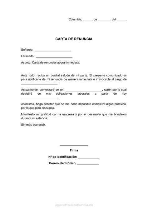 Carta De Renuncia Laboral Inmediata ⇒ 10 Plantillas ️