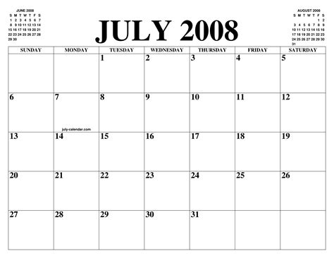 July 2008 Calendar Of The Month Free Printable July Calendar Of The