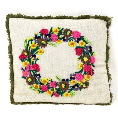 Vintage Crewel Embroidery Floral Pillow Crewel Flower Pillow Etsy