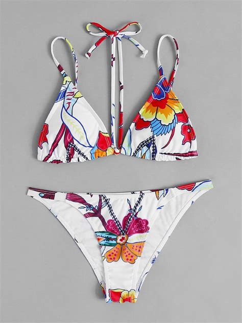 Flower Print Halter Strap Triangle Bikini Set Shein Sheinside Bikinis Stylish Swimwear